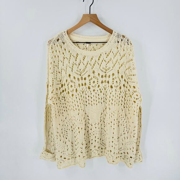 Free People Cream Open Crochet Cotton Sweater Boho Knit Pullover Women’s Size M - Picture 7 of 7